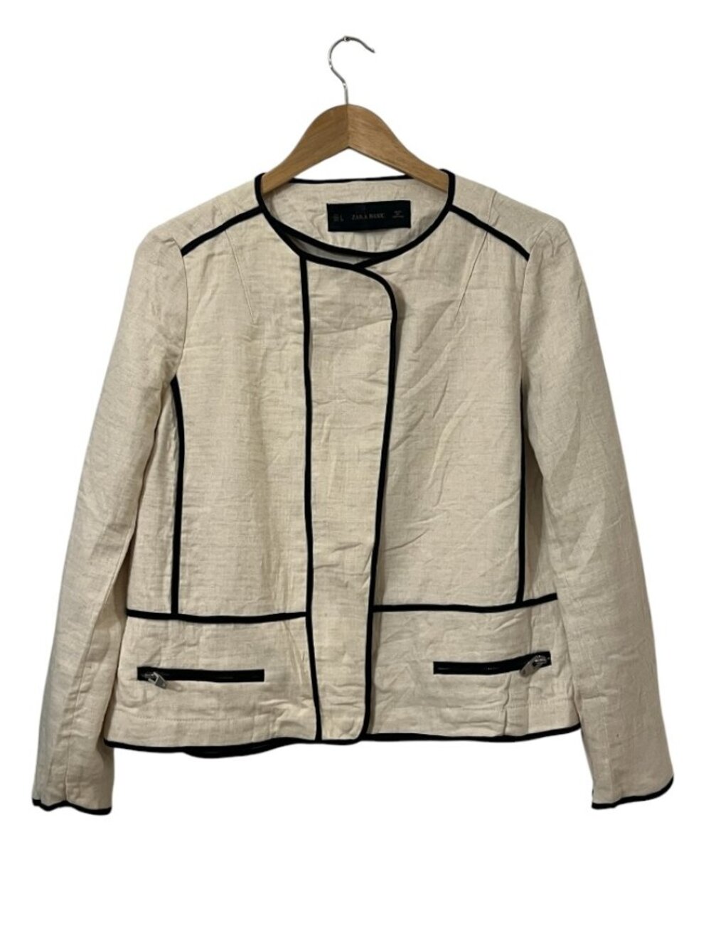 ZARA Basic Womens Blazer Jacket Size L Beige Linen Contrast Trim Zip Casual Chic